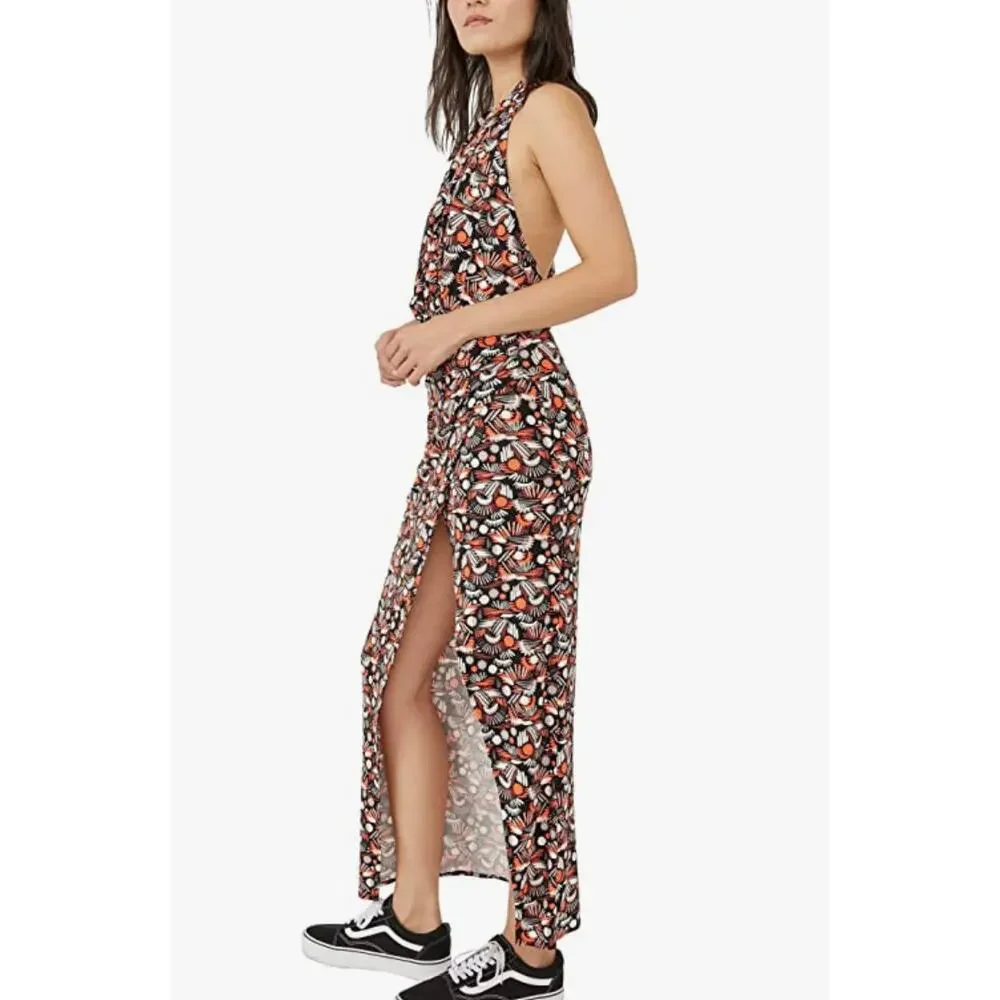 Free People Daria Halter Style Knit Maxi Dress Orange Print M